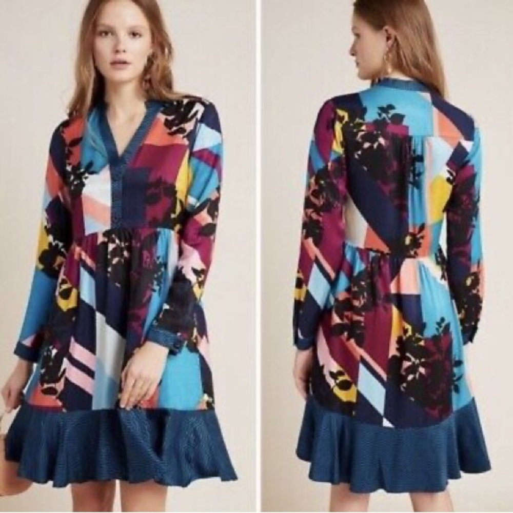 Anthropologie Maeve Gillian Abstract Colorblock Shirt Dress